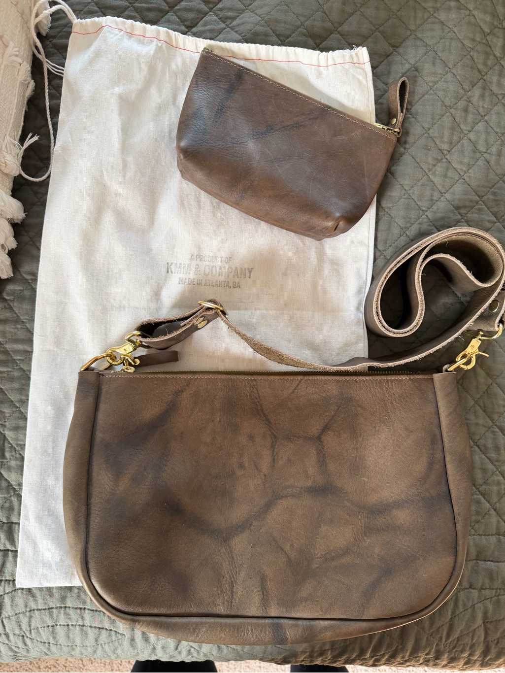 New Kmm & Co Olive Crunch Full Size Crossbody Leather Crossbody Bag With Pouch